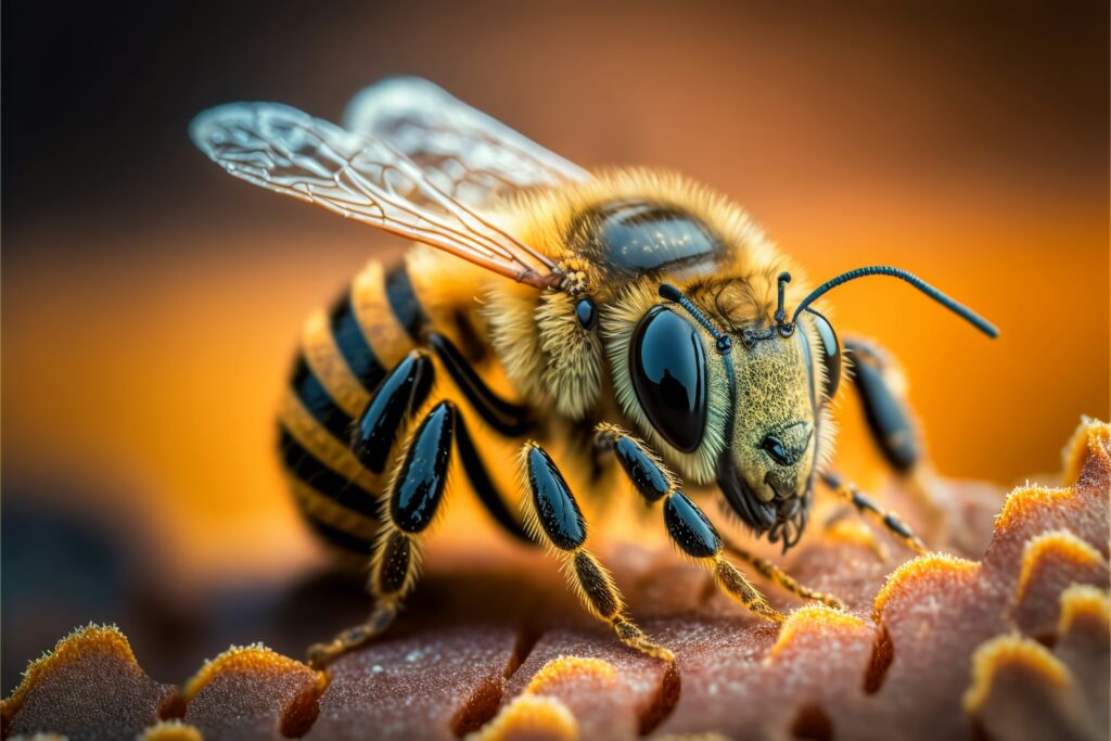 Macro shot of a honey bee on a honeycomb